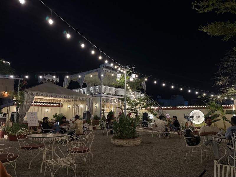 The courtyard under fairy lights